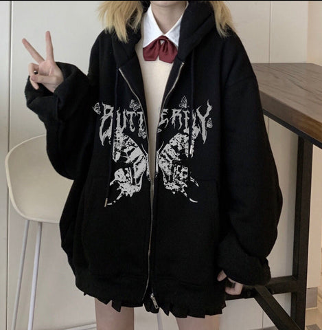 Voguable  Y2K Retro Dark Gray Butterfly Zipper Hooded Sweatshirt 90s Harajuku Punk Gothic Zip Up Hoodie Long-sleeved Loose Jacket