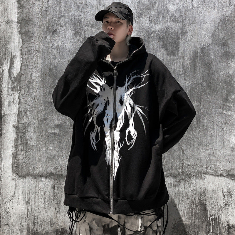 Voguable  Y2K Retro Dark Gray Butterfly Zipper Hooded Sweatshirt 90s Harajuku Punk Gothic Zip Up Hoodie Long-sleeved Loose Jacket