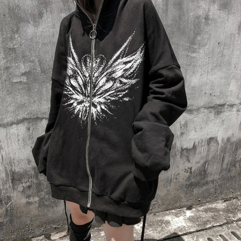Voguable  Y2K Retro Dark Gray Butterfly Zipper Hooded Sweatshirt 90s Harajuku Punk Gothic Zip Up Hoodie Long-sleeved Loose Jacket