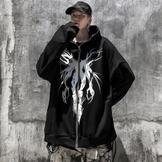 Voguable  Y2K Retro Dark Gray Butterfly Zipper Hooded Sweatshirt 90s Harajuku Punk Gothic Zip Up Hoodie Long-sleeved Loose Jacket