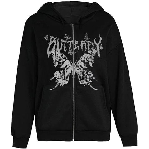 Voguable  Y2K Retro Dark Gray Butterfly Zipper Hooded Sweatshirt 90s Harajuku Punk Gothic Zip Up Hoodie Long-sleeved Loose Jacket