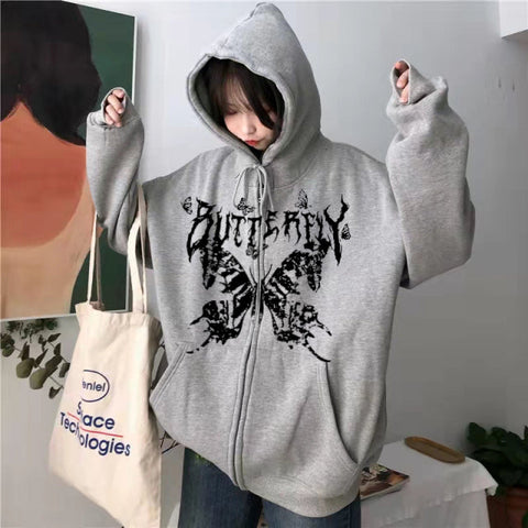 Voguable  Y2K Retro Dark Gray Butterfly Zipper Hooded Sweatshirt 90s Harajuku Punk Gothic Zip Up Hoodie Long-sleeved Loose Jacket