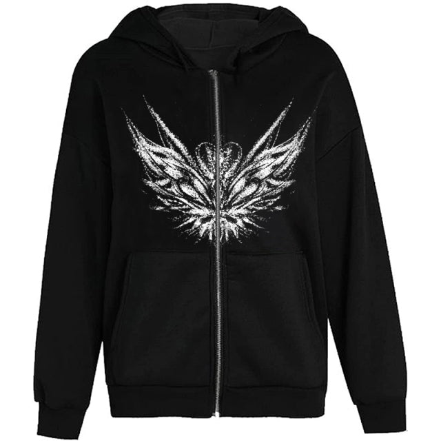 Voguable  Y2K Retro Dark Gray Butterfly Zipper Hooded Sweatshirt 90s Harajuku Punk Gothic Zip Up Hoodie Long-sleeved Loose Jacket