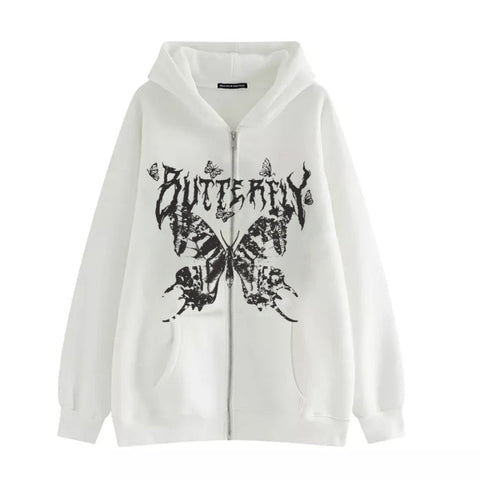 Voguable  Y2K Retro Dark Gray Butterfly Zipper Hooded Sweatshirt 90s Harajuku Punk Gothic Zip Up Hoodie Long-sleeved Loose Jacket