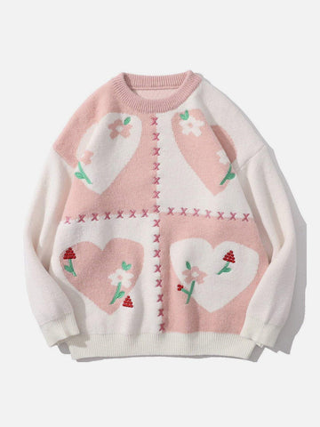 Stitching Contrast Flowers Knit Sweater