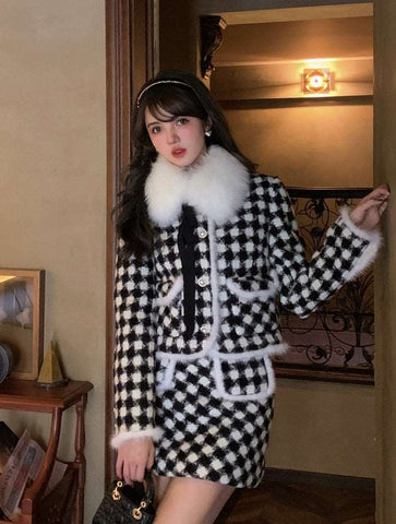 Acacia Classic Houndstooth Fur Collar White Black Jacket Skirt Two Piece Set