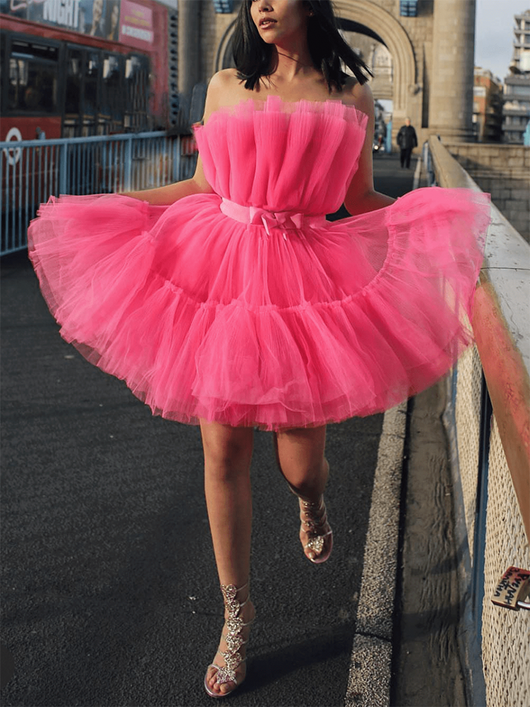 Bow Decor Layered Tulle Cocktail Dress