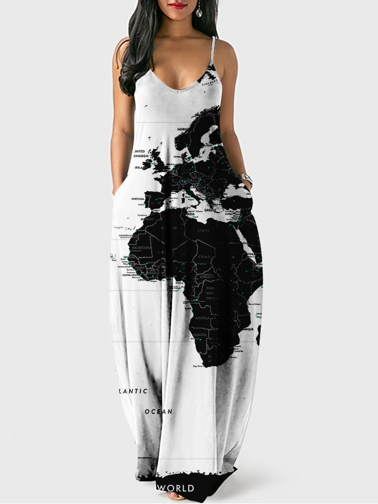 Casual Map Print Spaghetti Strap Maxi Dress