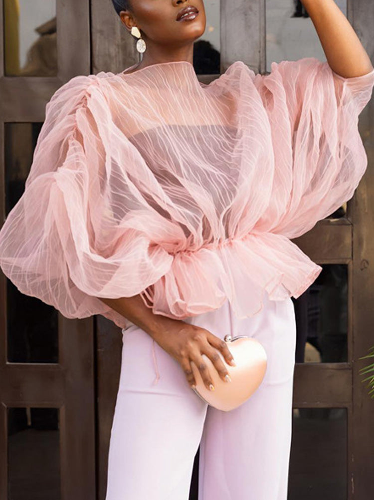 Solid Tulle Half-Sleeve Top