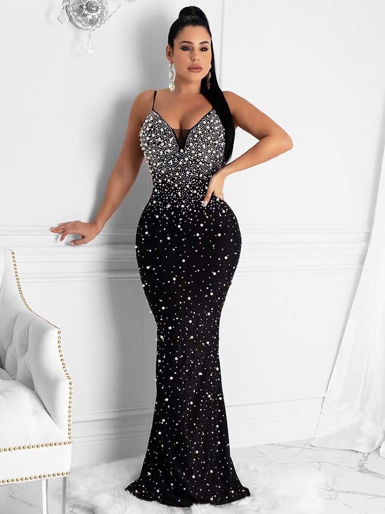 Rhinestone Gradient Color Evening Dress