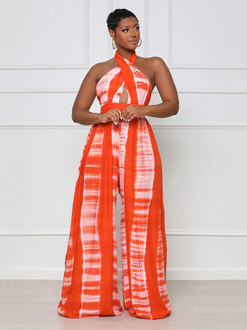 Halter Printed Wide Leg Jumpsuit