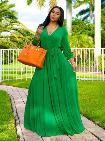 V Neck Belted Maxi Dress