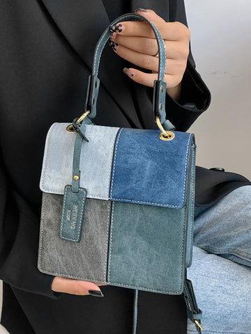 Denim Color Block Satchel Bag