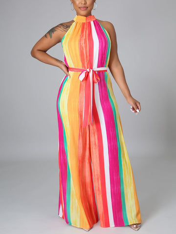 Halter Colorblock Jumpsuit With Belt