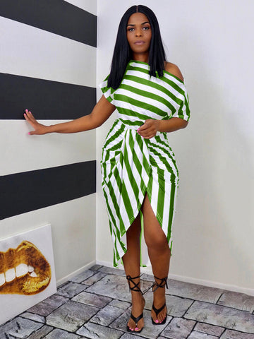 Striped One Shoulder Ruched Dress