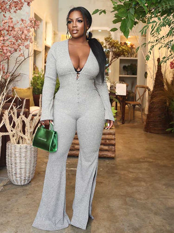 Deep V Neck Side Slit Flare Bell Bottom Jumpsuits