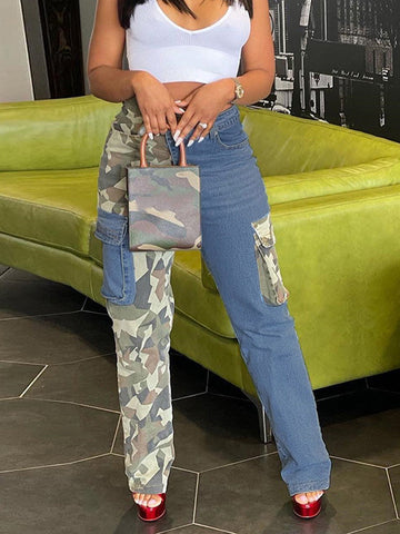 Camouflage Denim Patchwork Pants with Pockets