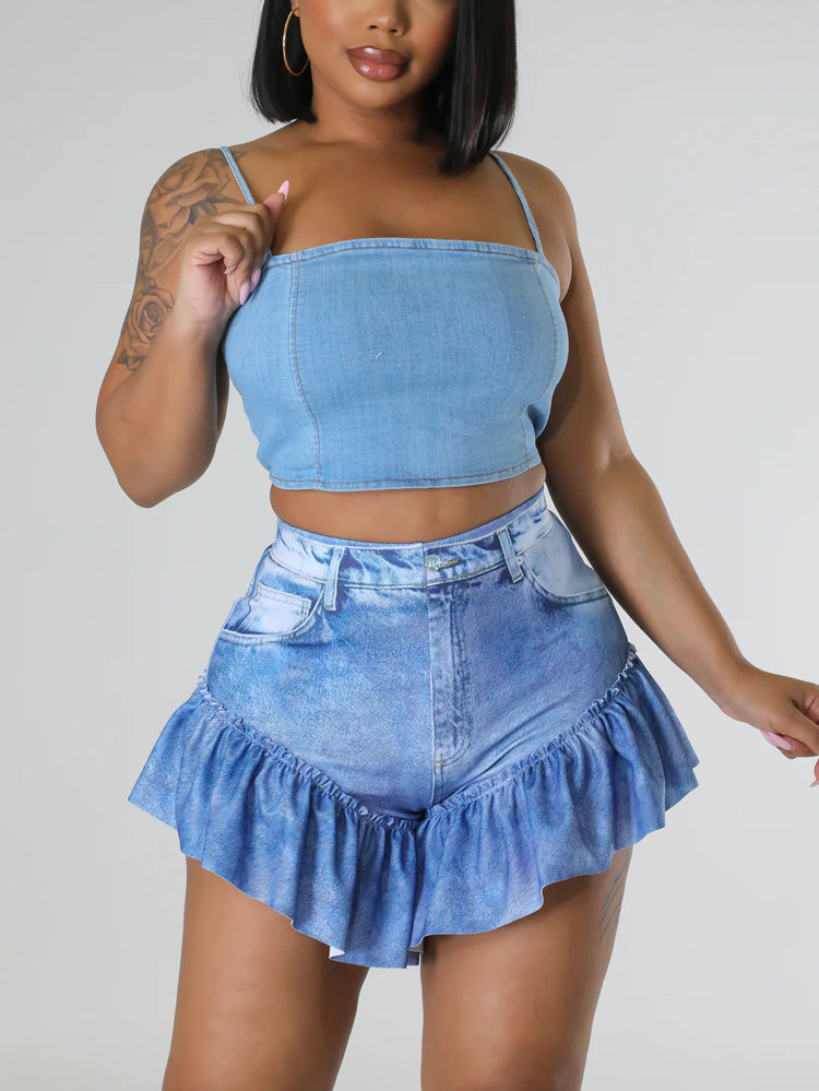 Shorts vaqueros con dobladillo con volantes