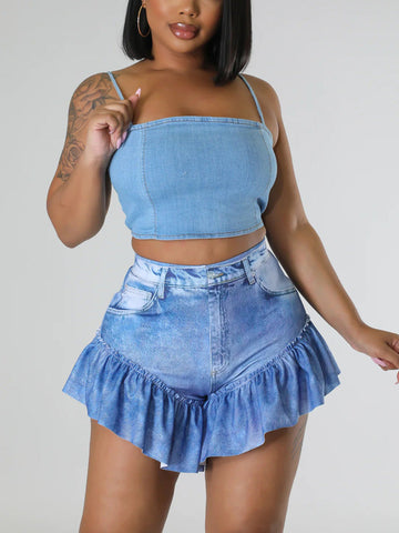 Shorts vaqueros con dobladillo con volantes