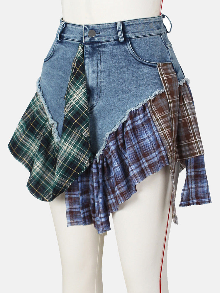 Denim Patchwork Plaid Skirt