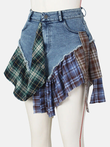 Denim Patchwork Plaid Skirt