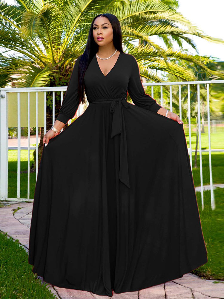 V Neck Belted Maxi Dress