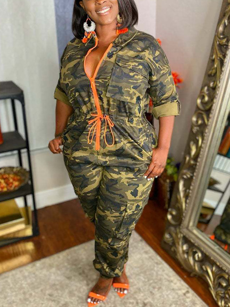 Camouflage Front Zipper Jumpsuit