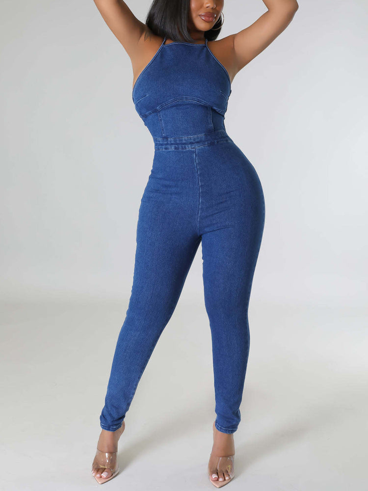 Halter Lace-up Denim Jumpsuit