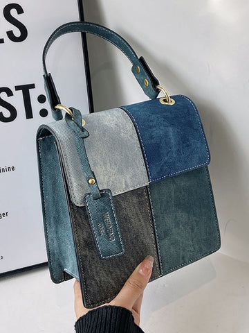 Denim Color Block Satchel Bag