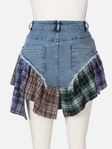 Denim Patchwork Plaid Skirt