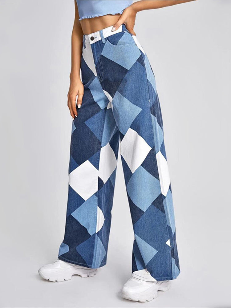 Color Block Argyle Print Wide Leg Jeans