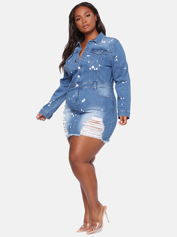 Button Distressed Denim Mini Dress