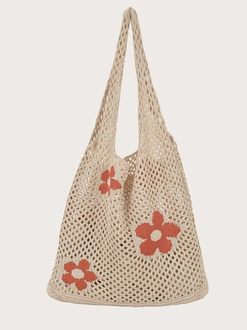 Flower Print Crochet Shoulder Tote