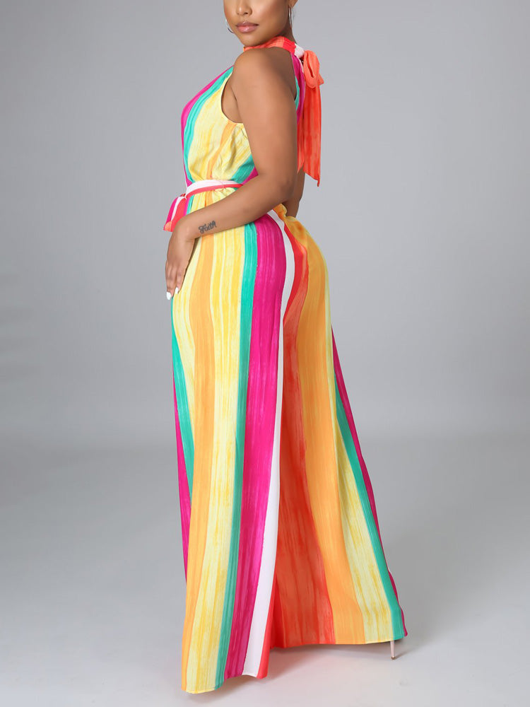 Halter Colorblock Jumpsuit With Belt