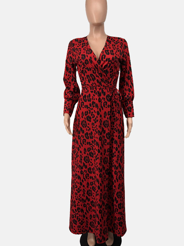 Leopard Print Slit V Neck Long Sleeve Dress