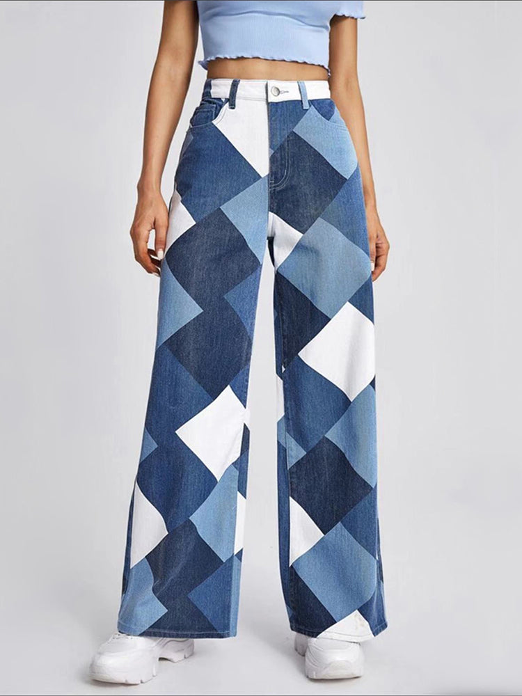 Color Block Argyle Print Wide Leg Jeans