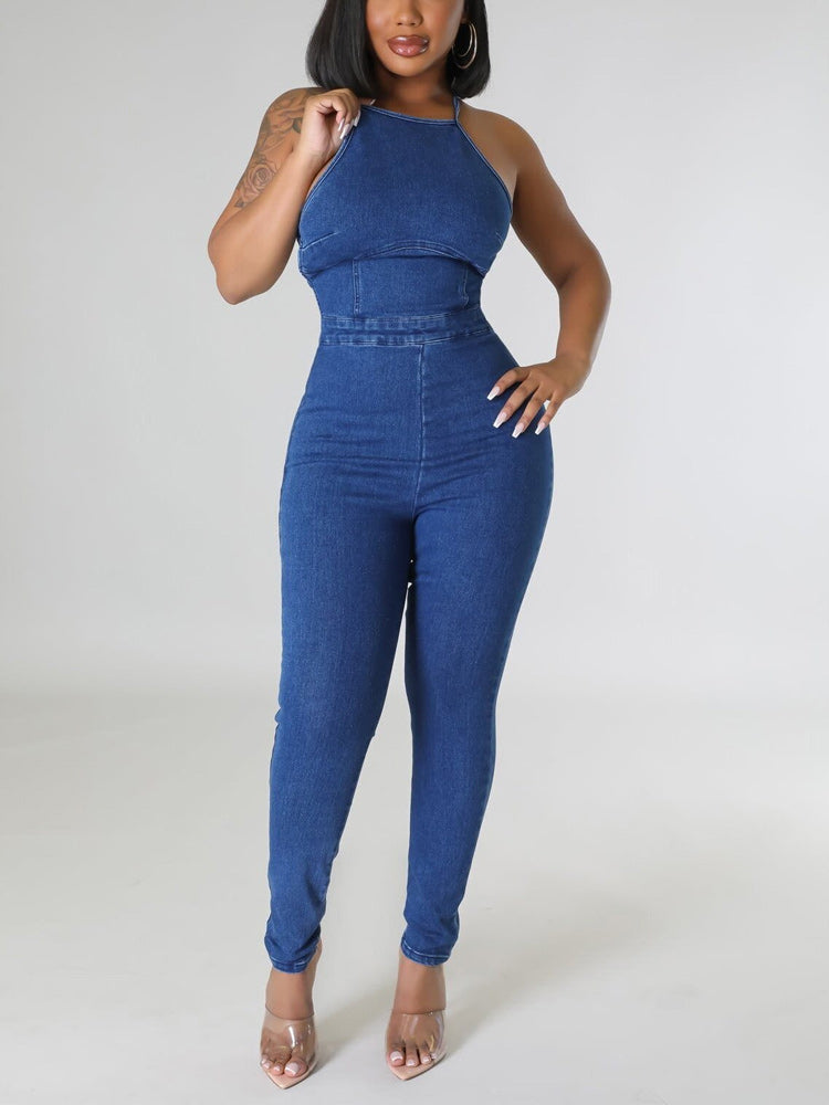 Halter Lace-up Denim Jumpsuit