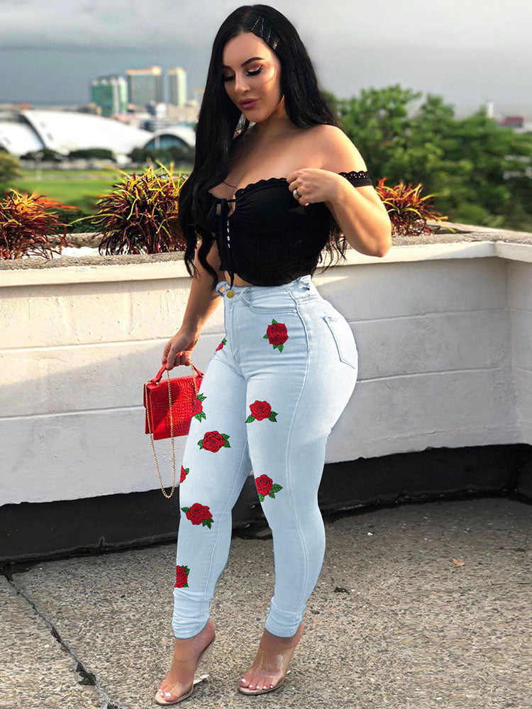 Rose Print High Waist Jeans