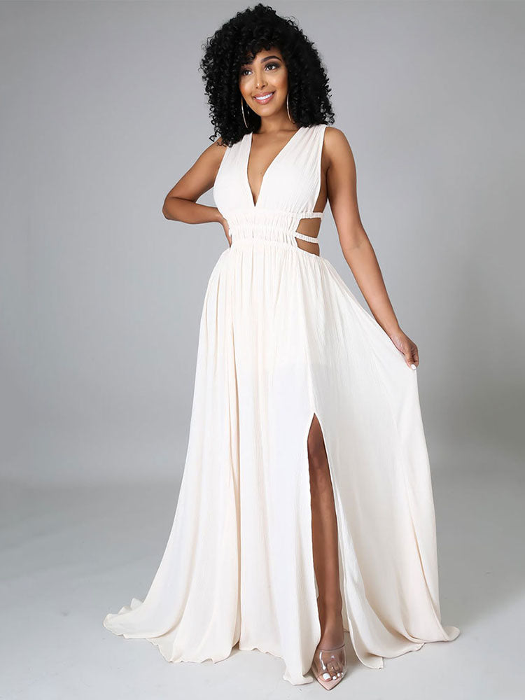 Sleeveless V Neck Slit Maxi Dress