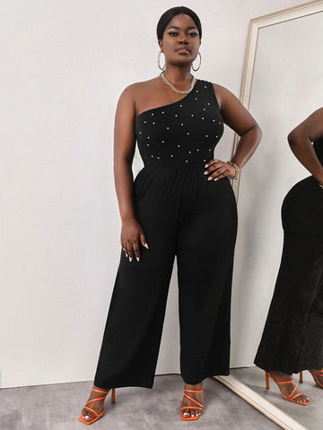 Ärmelloser One-Shoulder-Jumpsuit mit Perlen