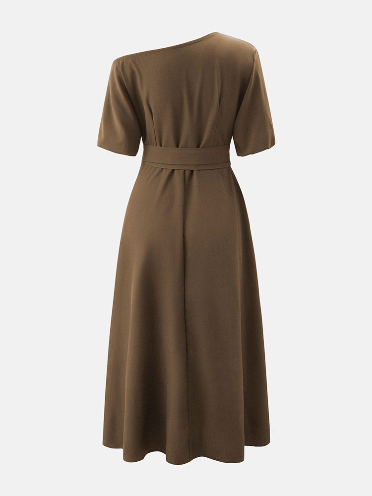 Oblique Neckline Half Sleeve Maxi Dress