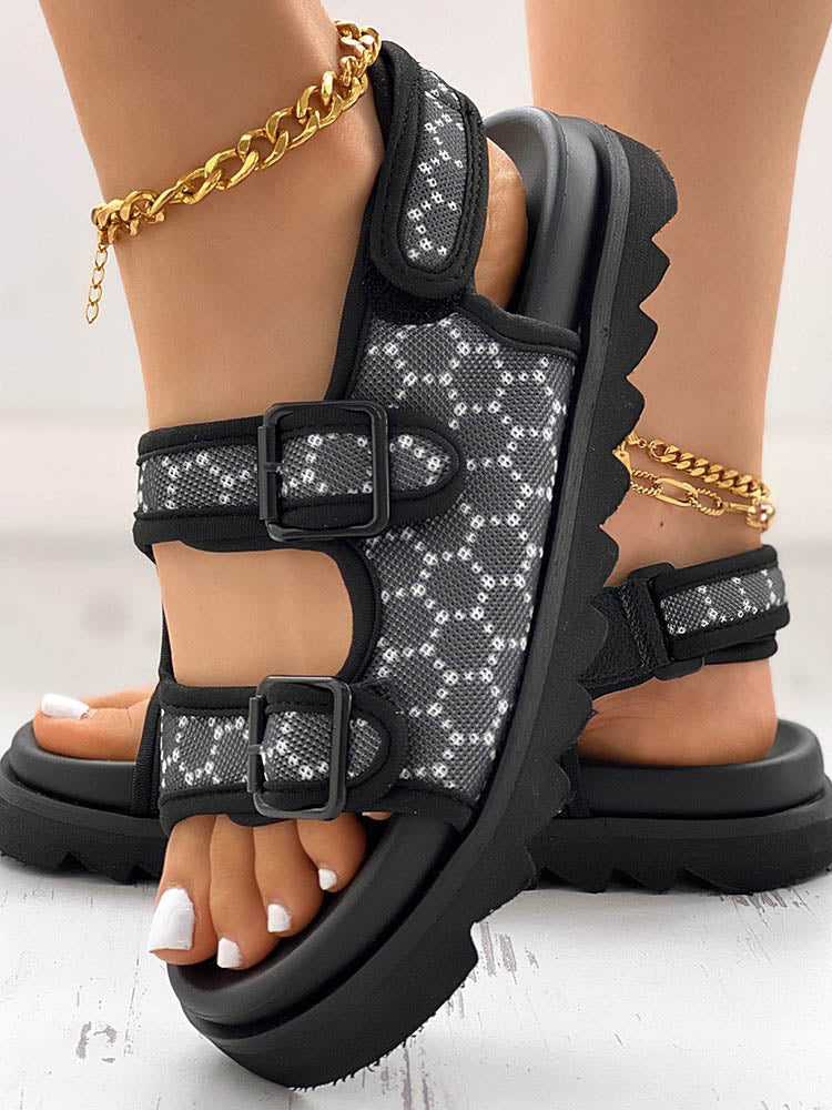 Double Buckle Strap Diamante Flat Sandal