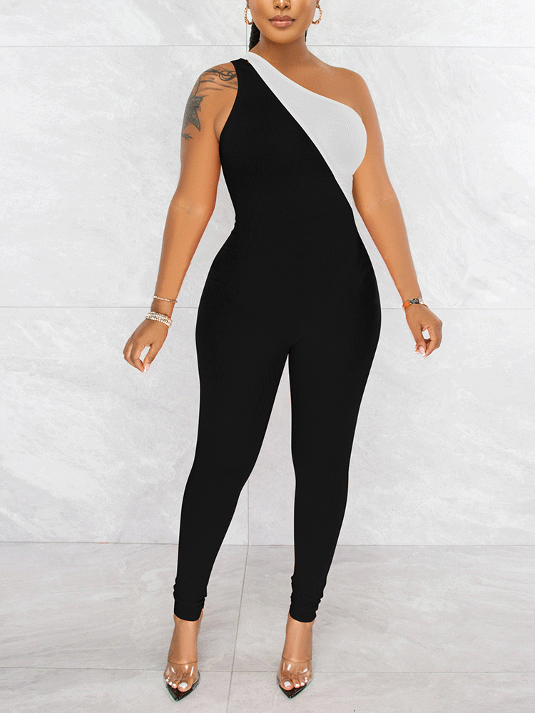 Zipper Patchwork Bodycon Ribbed Jumpsuit