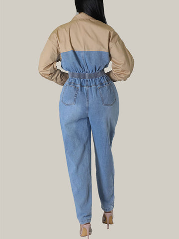 Denim Patchwork Color Block Jumpsuit