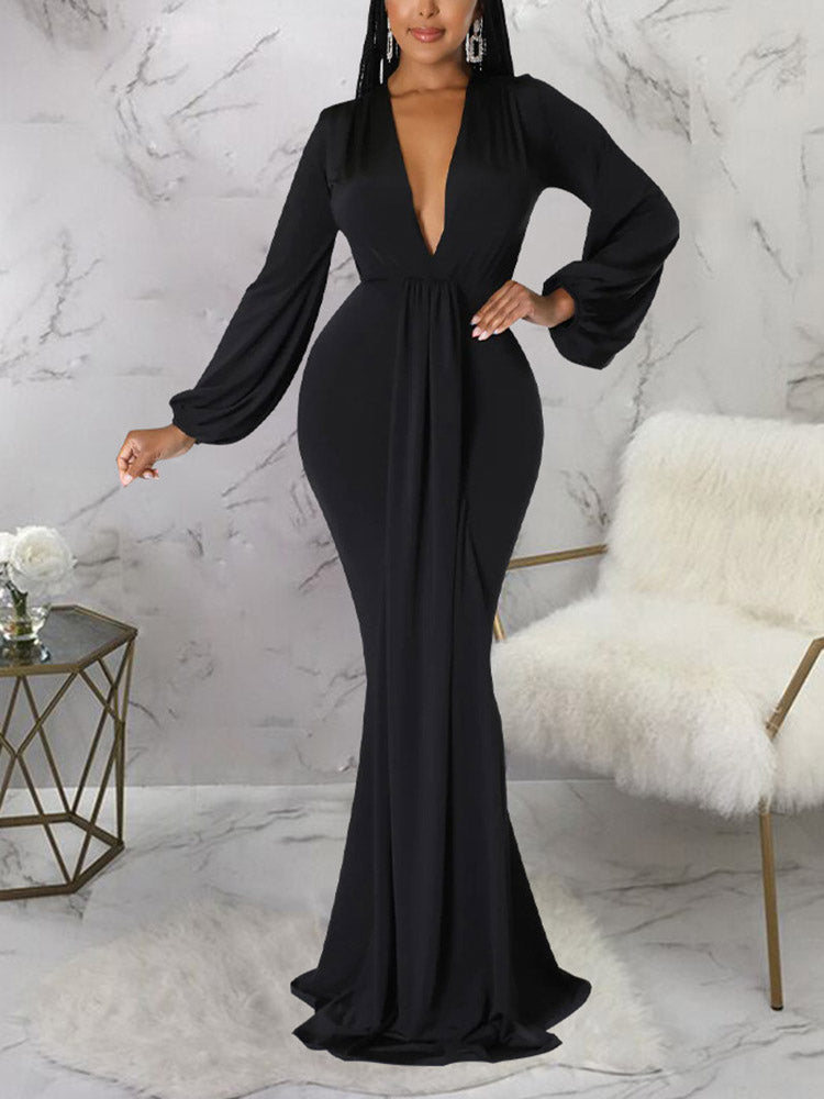 Deep V Neck Evening Maxi Dress