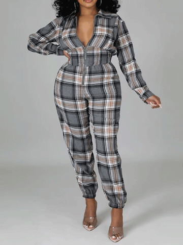 Plaid Front Zipper Jumpsuit