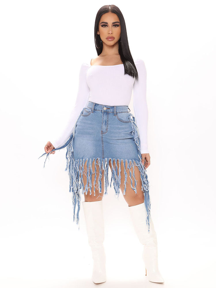 Fringe Denim Mini Skirt