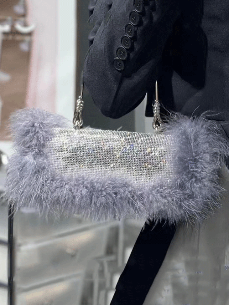 Bolso de mano de noche con diamantes de imitación peludos