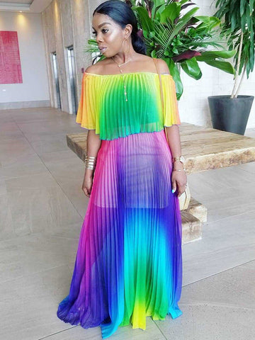 Off Shoulder Colorful Ombre Pleated Maxi Dress