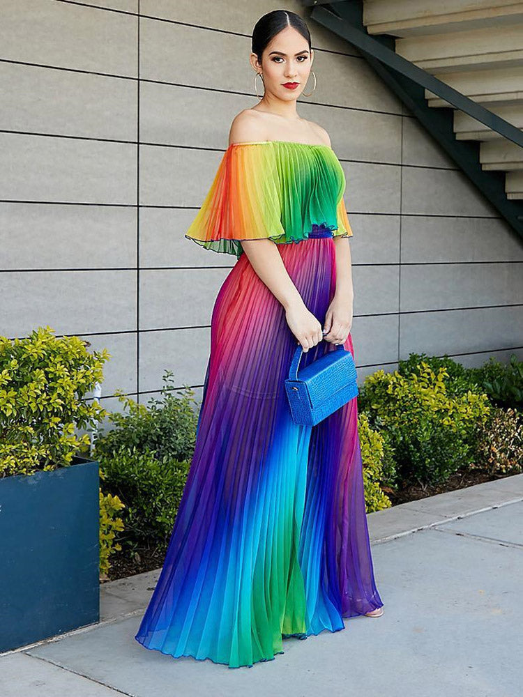 Off Shoulder Colorful Ombre Pleated Maxi Dress